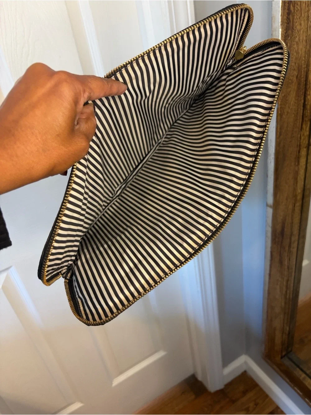 kate spade Black and White Vertical Stripe Laptop Sleeve with Gold Logo